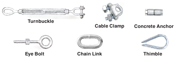 Cable mounting hardware: turnbuckle, cable clamp, concrete anchor, eye bolt, chain link, thimble